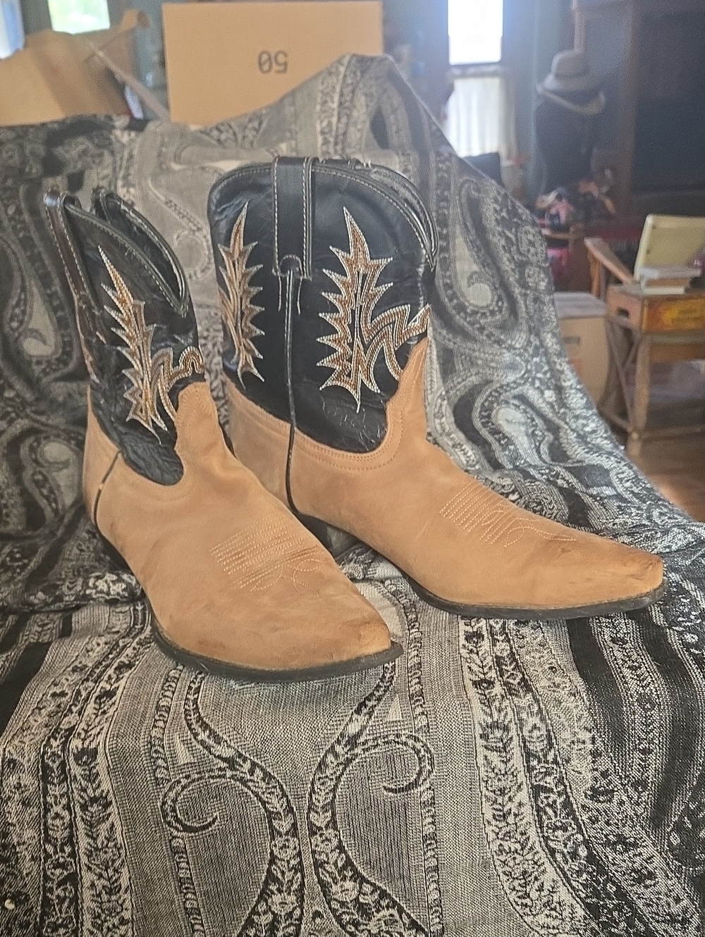 Tony Lama Vintage, two tone, Tan/Black, ankle Boots; Western, Coastal Cowgirl